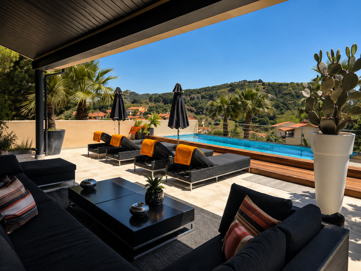 Suspended infinity pool with panoramic hillside view
